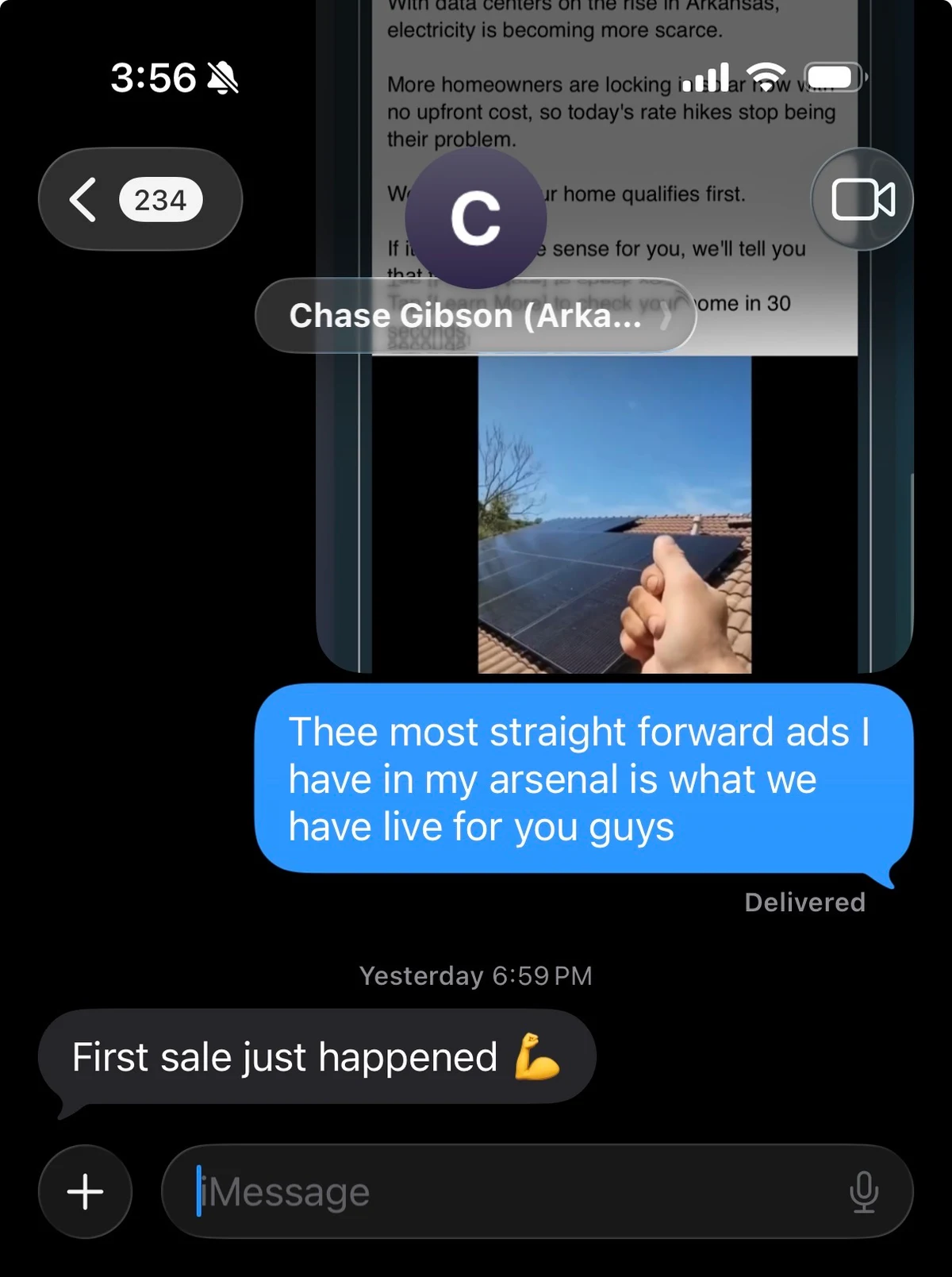 Chase Gibson's message reporting a first sale, with a photo of installed solar panels.