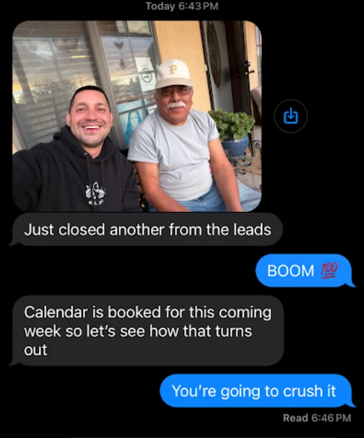 Eddie's text messages reporting another closed deal and a booked calendar for the coming week.