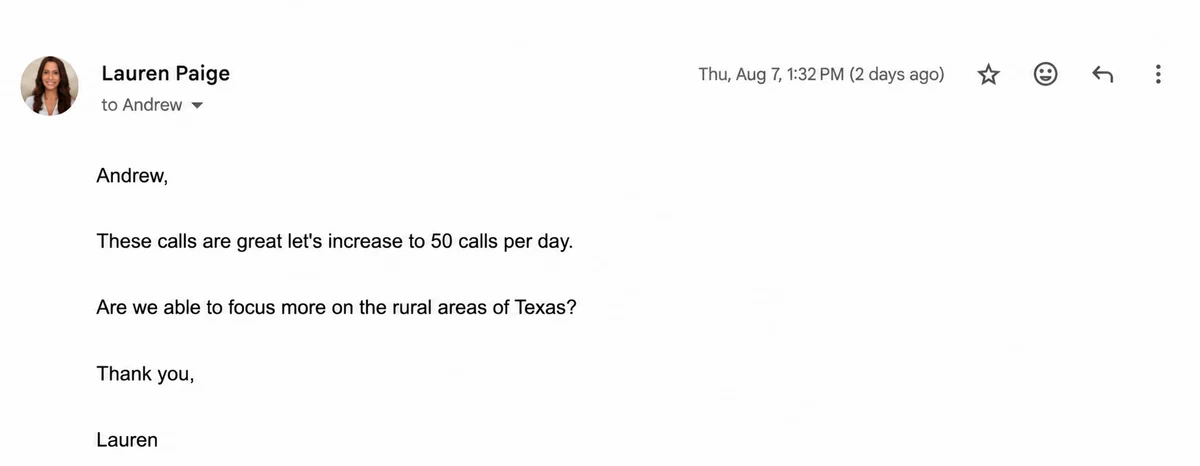 Lauren's email praising the calls and asking to increase to 50 calls per day.