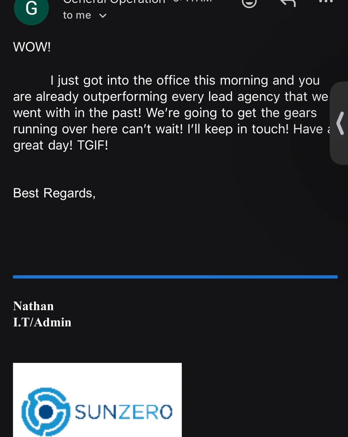 Nathan's SunZero email saying Bear Fish Media is outperforming their previous lead agencies.