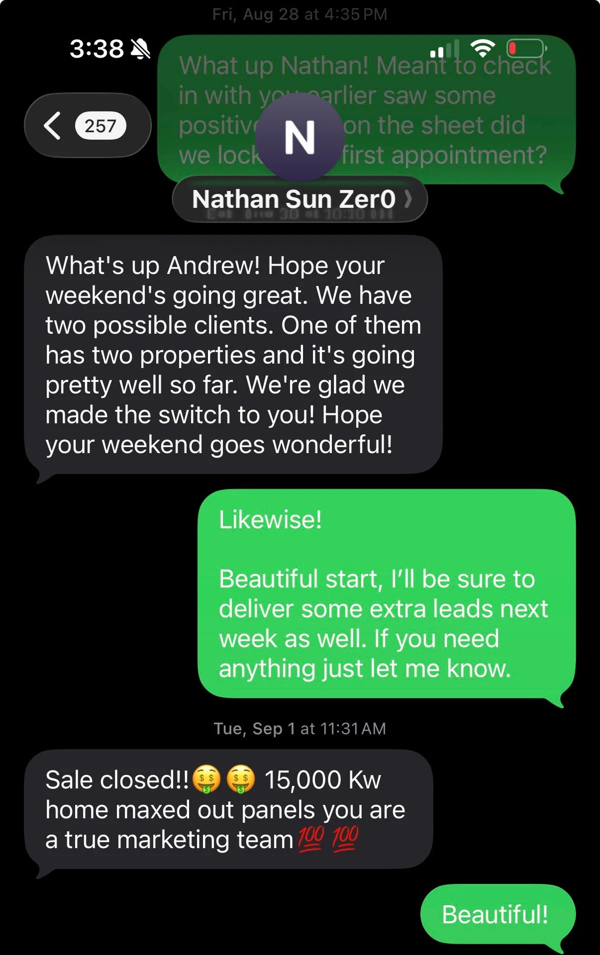 Nathan's SunZero messages describing two possible clients and a subsequent closed sale.
